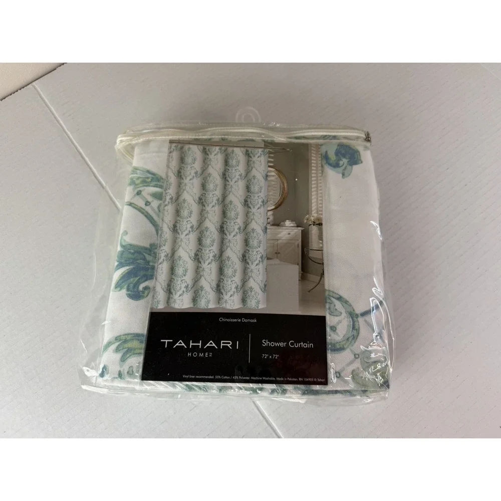 Tahari Home Green Blue Chinoiserie Damask Fabric Shower Curtain Paisley NWT